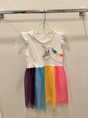 Girls White Unicorn Tulle Dress with Rainbow Skirt